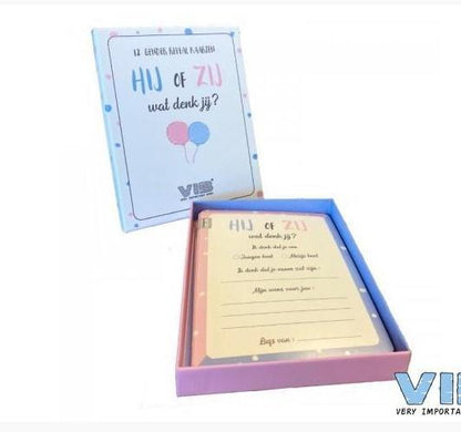 VIB-Box met 12 VIB® Gender reveal 'Hij of zij, wat denk jij?'Cards (Invulbaar & Bewaarbaar)