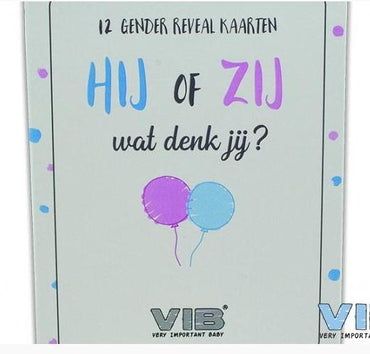 VIB-Box met 12 VIB® Gender reveal 'Hij of zij, wat denk jij?'Cards (Invulbaar & Bewaarbaar)