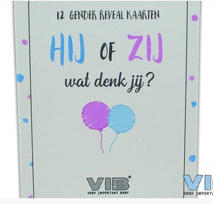 VIB-Box met 12 VIB® Gender reveal 'Hij of zij, wat denk jij?'Cards (Invulbaar & Bewaarbaar)