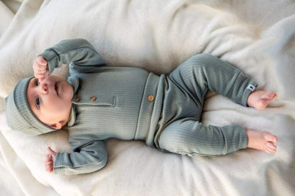 Klein Baby-Polo Romper lange mouw met kraag Rib -Stone Green