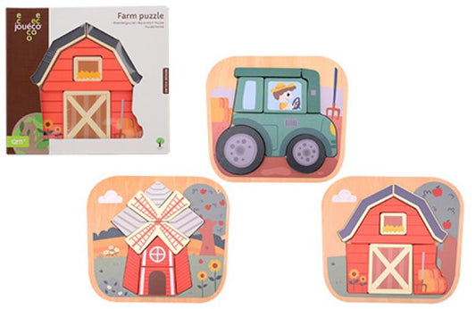 Joueco -Boerderij puzzel -3 assorti- Hout
