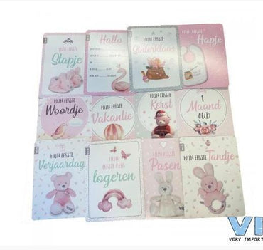 VIB-Box met 12 VIB® Baby moment cards 'Mijn eerste jaar'Girls-Licht roze