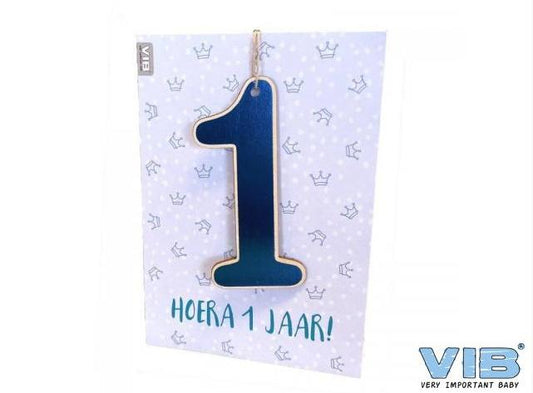 VIB-Wenskaart met Houten Hanger 1 'HOERA 1 JAAR!' Blauw