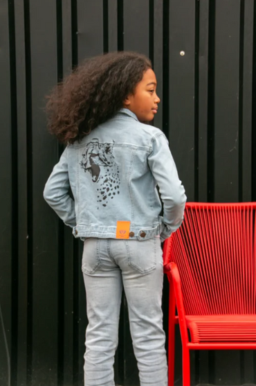 Dutch Dream Denim-Meisjes jas jeans met panter print Simba-Blauw