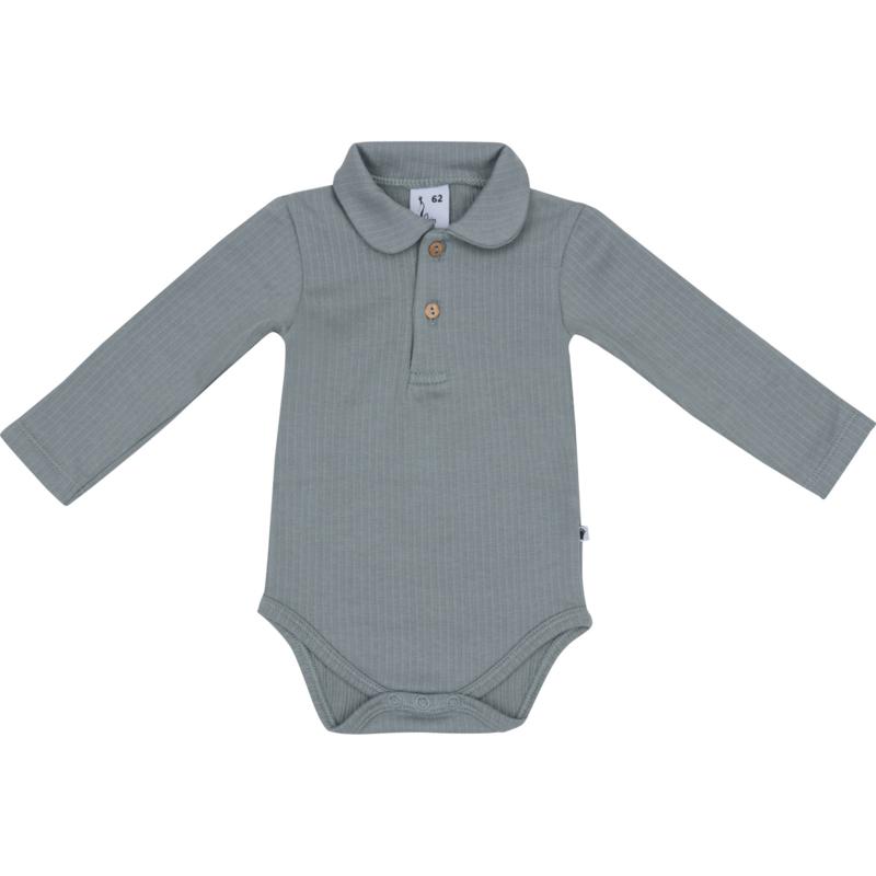 Klein Baby-Polo Romper lange mouw met kraag Rib -Stone Green