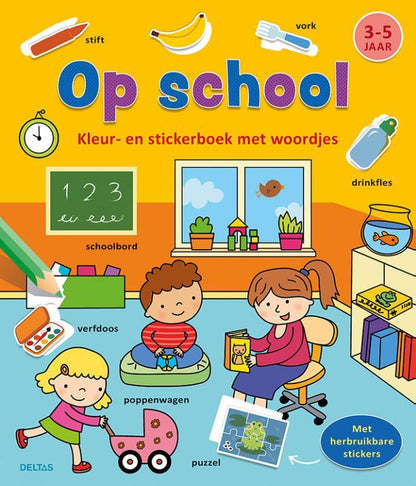 Deltas- Kleur-en stickerboek met woordjes- Op school (3-5 j.)- Multi Colour