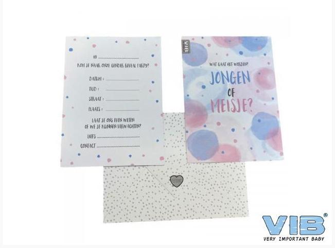 VIB- Uitnodigingskaarten Gender Reveal Party 'Jongen of Meisje' (6 stuks met envelop)